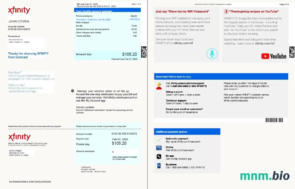 Szablon rachunku za media USA Xfinity w formatach Word i PDF, 4 strony, Wersja 3, 1-2 strony